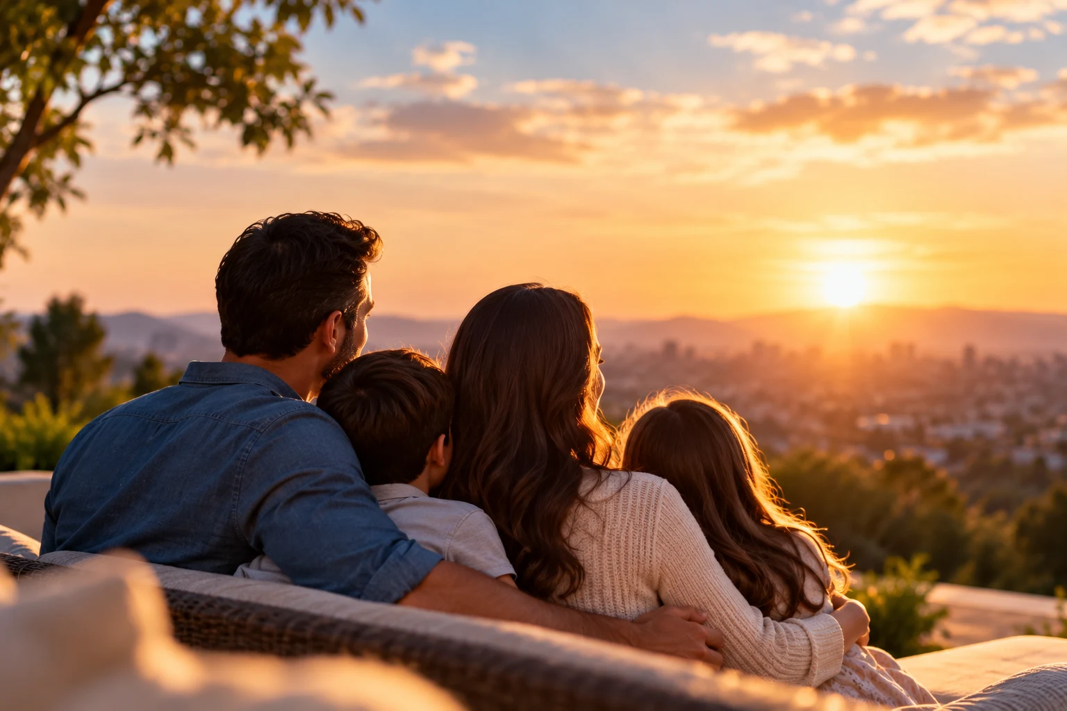Família abraçada olhando o pôr do sol