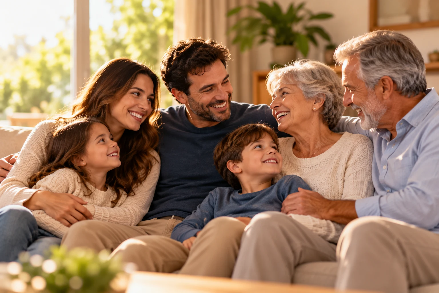 Família multigeracional reunida no sofá